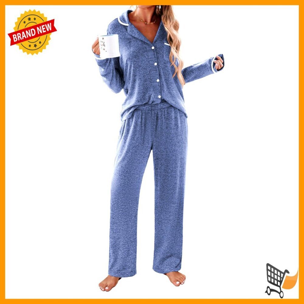 Long Sleeve Button Down Pajama Set Soft Lounge Sleepwear Classic Notch Collar